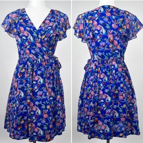 Anthropologie Moulinette Soeurs Silk Floral Wrap Dress Blue Lined, Sz. 2 EUC - Picture 1 of 9